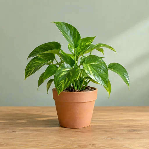 Green plant in a terracotta pot on a wooden table